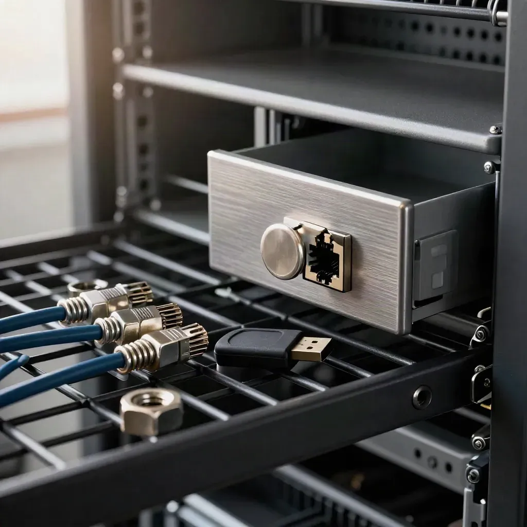 Open server rack hardware with cage nuts, patch ends, USB key and key drawer in cool steel light.