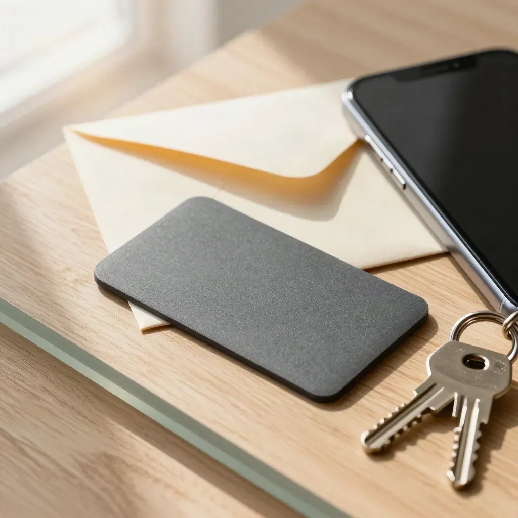 Customer welcome kit flat lay with access-card sleeve, key ring, envelope and face-down phone