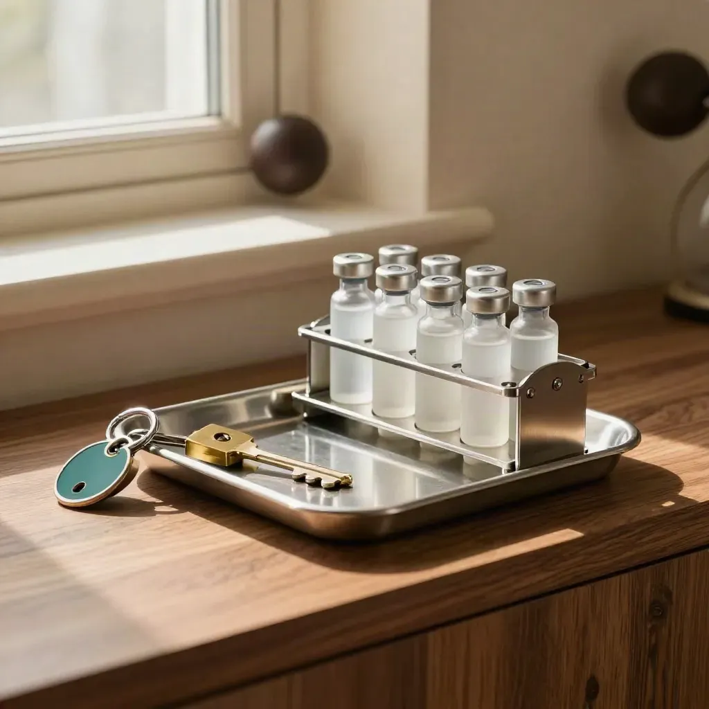 Stainless tray, vial rack and open brass lock on a warm walnut shelf.