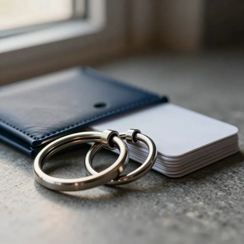 Linked metal access rings, navy card holder, and stacked blank badges on cool stone.
