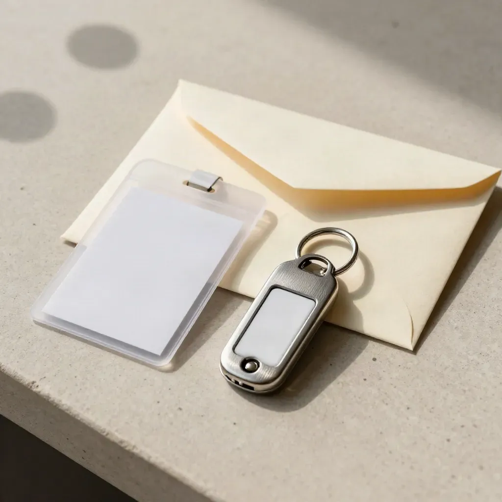 Onboarding kit with badge sleeve, key fob and sealed envelope on pale stone.