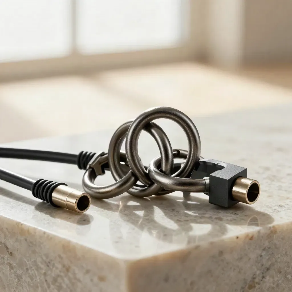 Graphite connector rings and magnetic cable ends on slate stone with soft studio light.