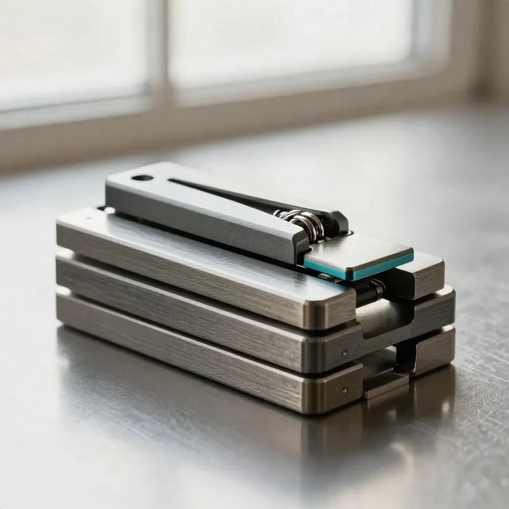 Precision metal blocks and a spring clip aligning on brushed steel with a teal accent.