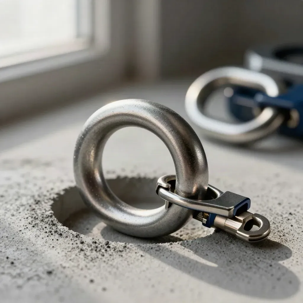 Linked steel access loops, folded latch and connector key on cool concrete with navy accent.