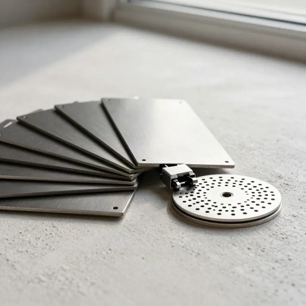 Overhead macro of graphite sensor tiles, cable coupler, and perforated disc on pale concrete.