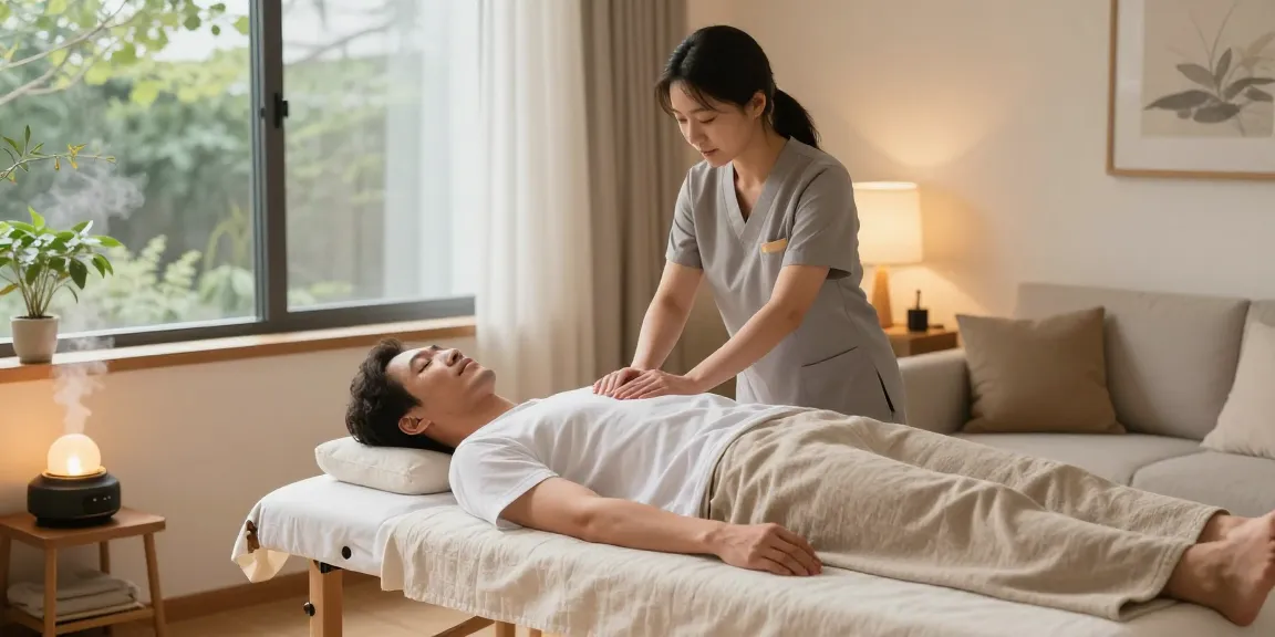남양주출장마사지로 편안하게 마사지를 받는 남성의 모습, 아늑한 분위기와 자연광이 있는 거실에서 진행됨