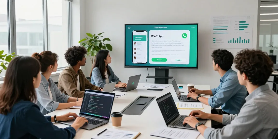 Group of professionals discussing WhatsApp下載 features in a modern office.