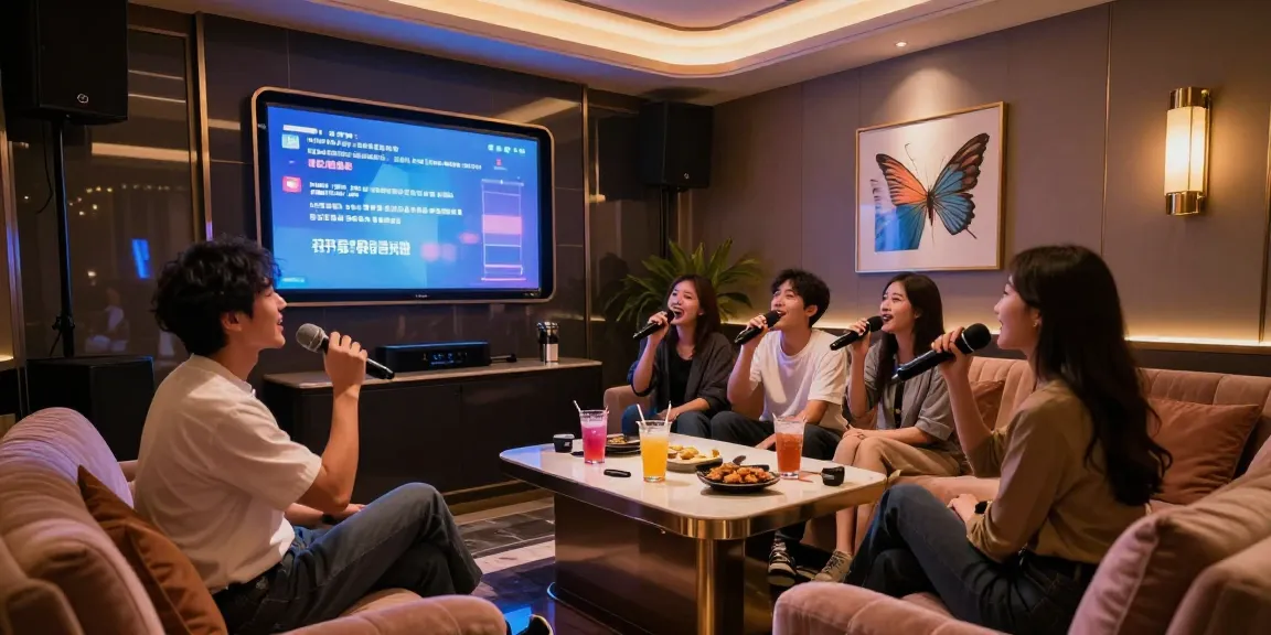 강남가라오케에서 친구들과 즐거운 노래를 부르는 모습, 아늑하고 고급스러운 인테리어가 돋보이는 장면