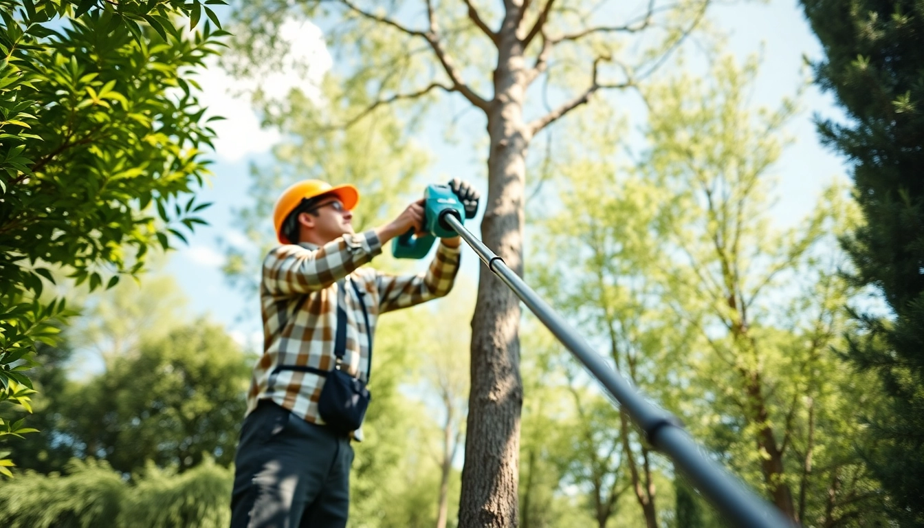 The best electric pole saw in action, used by a landscaper to prune trees in a vibrant garden.