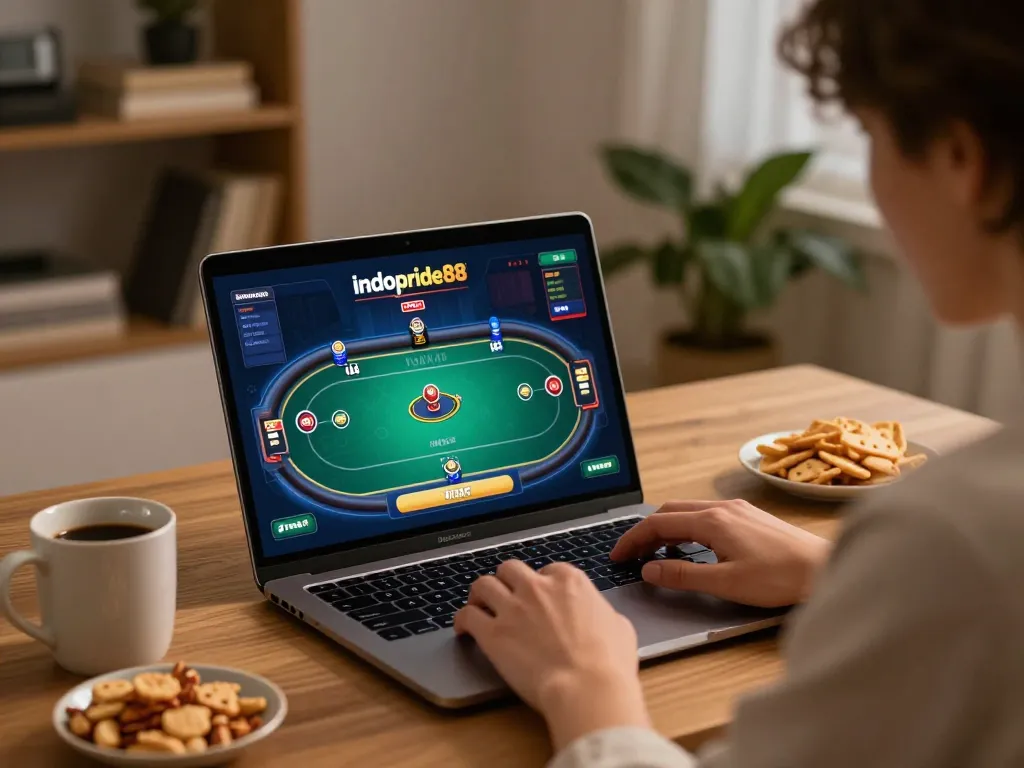 Engaging with indopride88's poker game on a cozy laptop setup, showcasing strategic gameplay.