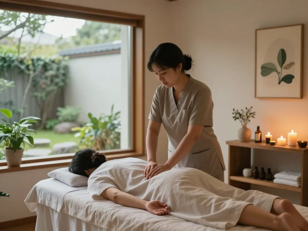 Relaxing spa scene showcasing 천안스웨디시 massage therapy environment with professional therapist and soothing decor.