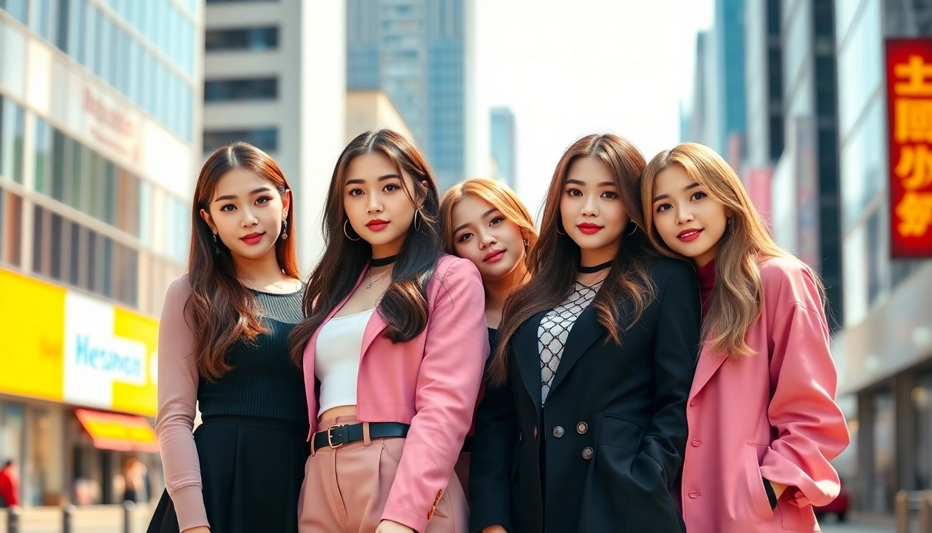 Four blackpink members posing energetically in a vibrant city backdrop.