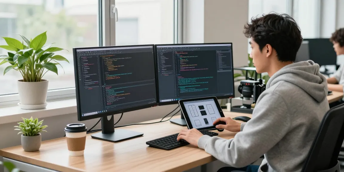 Engaging workspace scene with programmer coding and 纸飞机下载 app design on screens, highlighting tech creativity.
