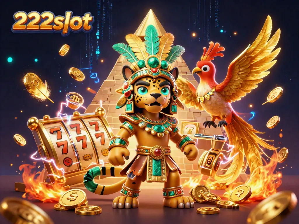 Gambaran ilustrasi penuh warna dengan karakter 222slot bertema kasino, menampilkan slot dan simbol keberuntungan.