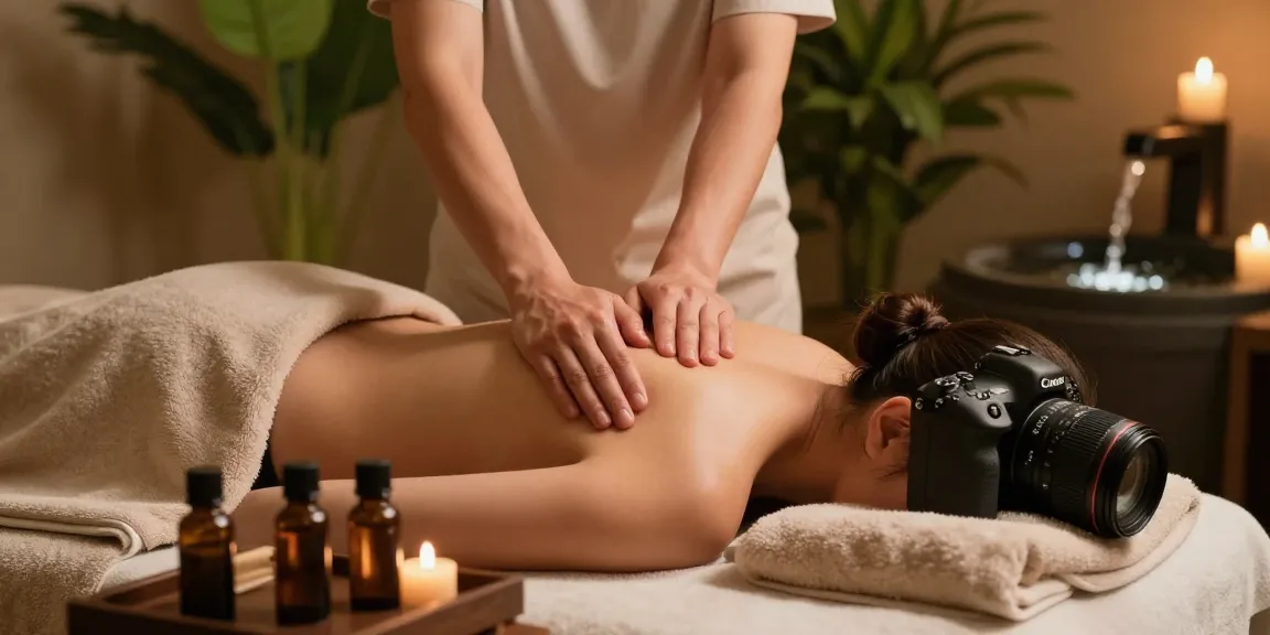 마사지로 편안함을 주는 스웨디시 마사지 장면, 아로마 오일과 부드러운 수건으로 아늑한 분위기 연출
