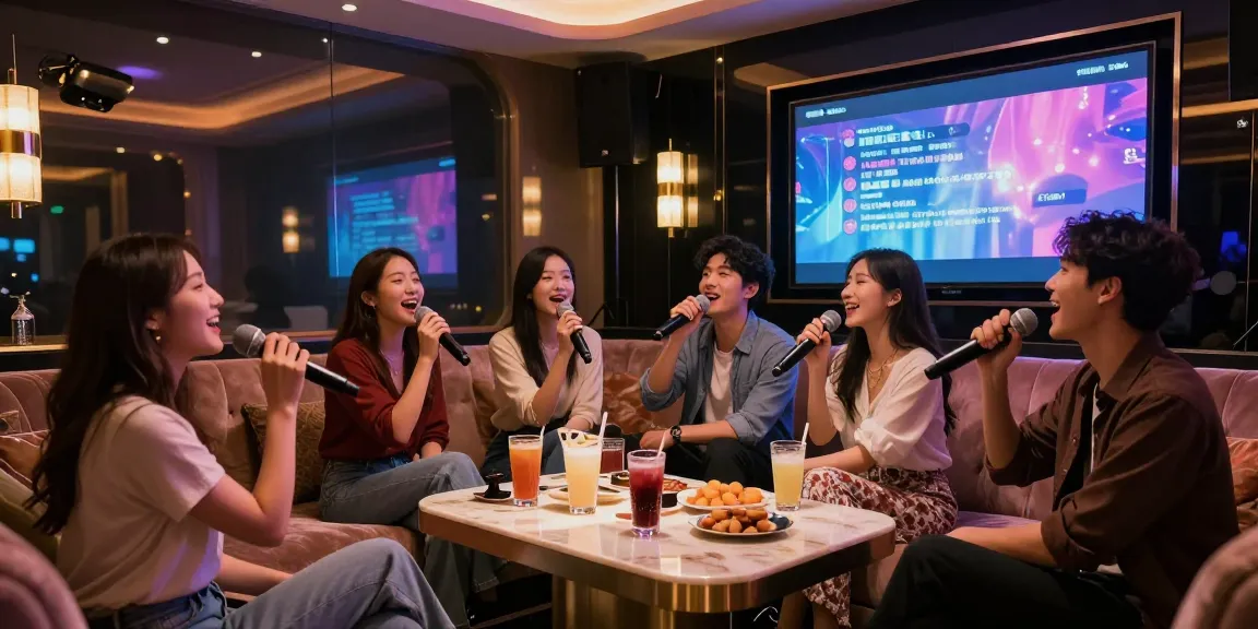 강남가라오케에서 친구들과 함께 노래하며 즐거운 분위기를 즐기는 모습