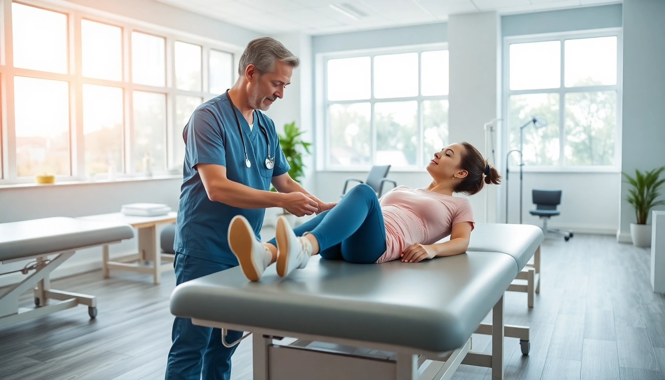 Therapist demonstrating techniques in north edmonton physiotherapy clinic for injury recovery.