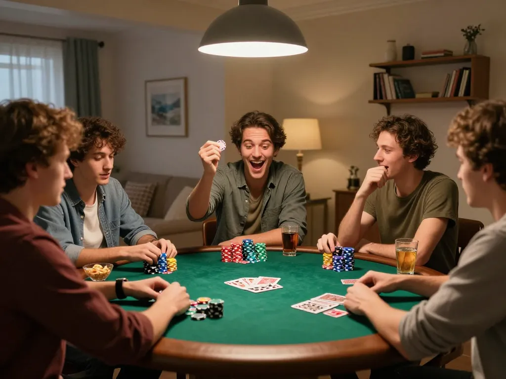 Friends enjoying poker night at home, engaging in strategic gameplay using chips and cards while laughing together, showing https://keotructuyen.jpn.com/ atmosphere of fun.