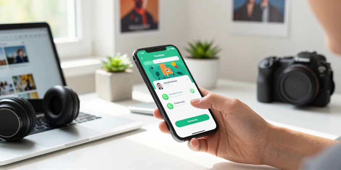 WhatsApp下載 process shown on smartphone in a modern workspace environment.