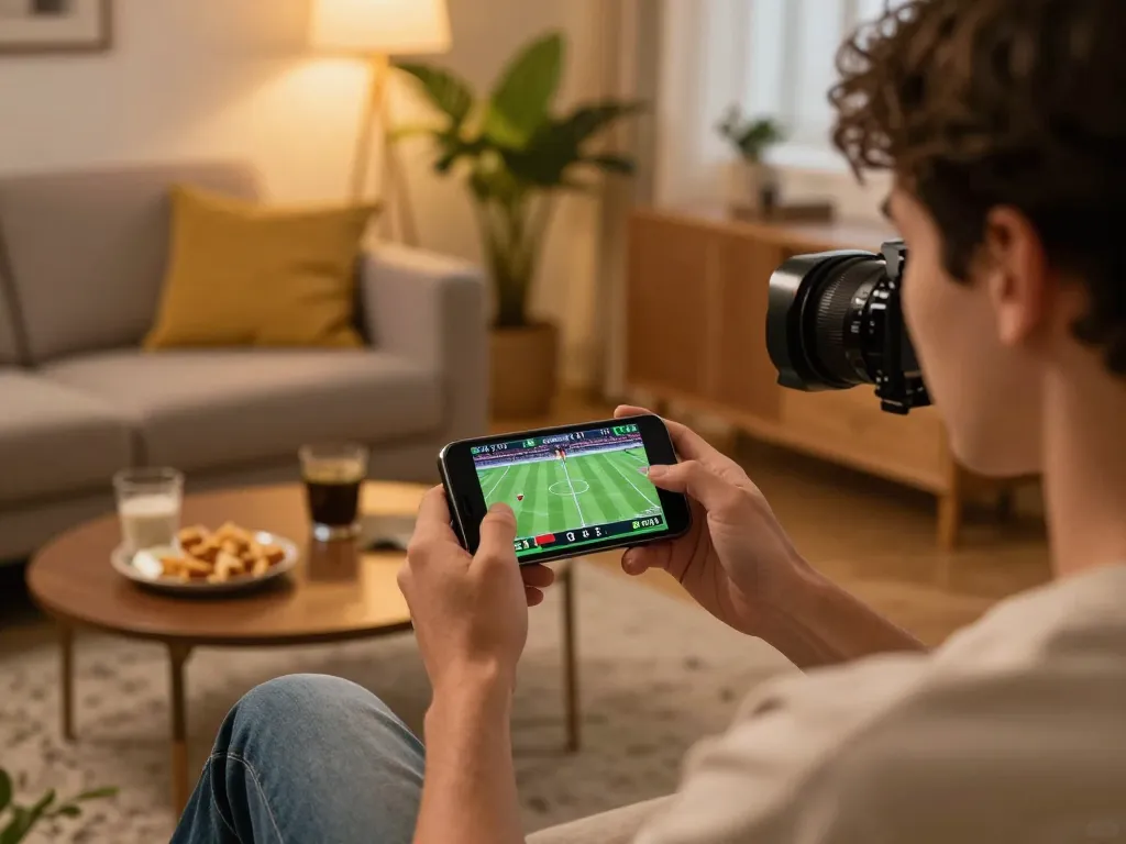 Placing bets through https://n188.build/ on a smartphone in a cozy living room, showcasing modern online sports betting.