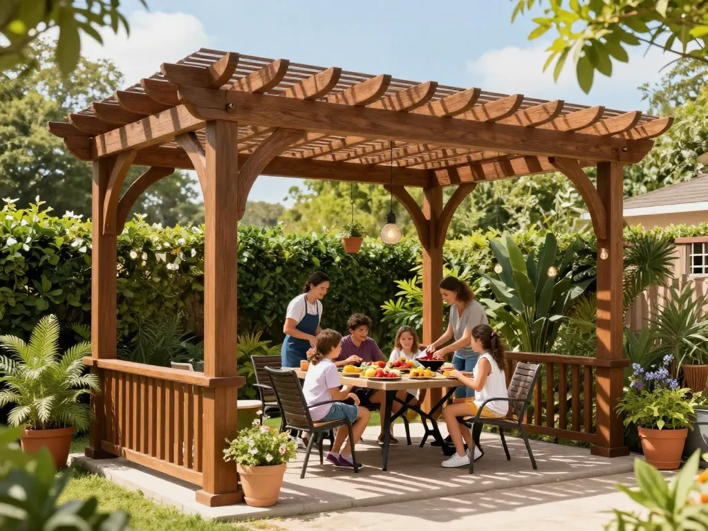 Family enjoying a sunny afternoon under a beautifully designed 3D pergola with greenery and barbecue.