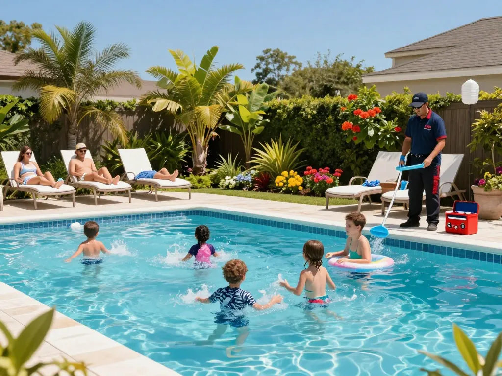 Dolphin Pool Services expert maintaining a family's vibrant pool, highlighting customer care and quality service.