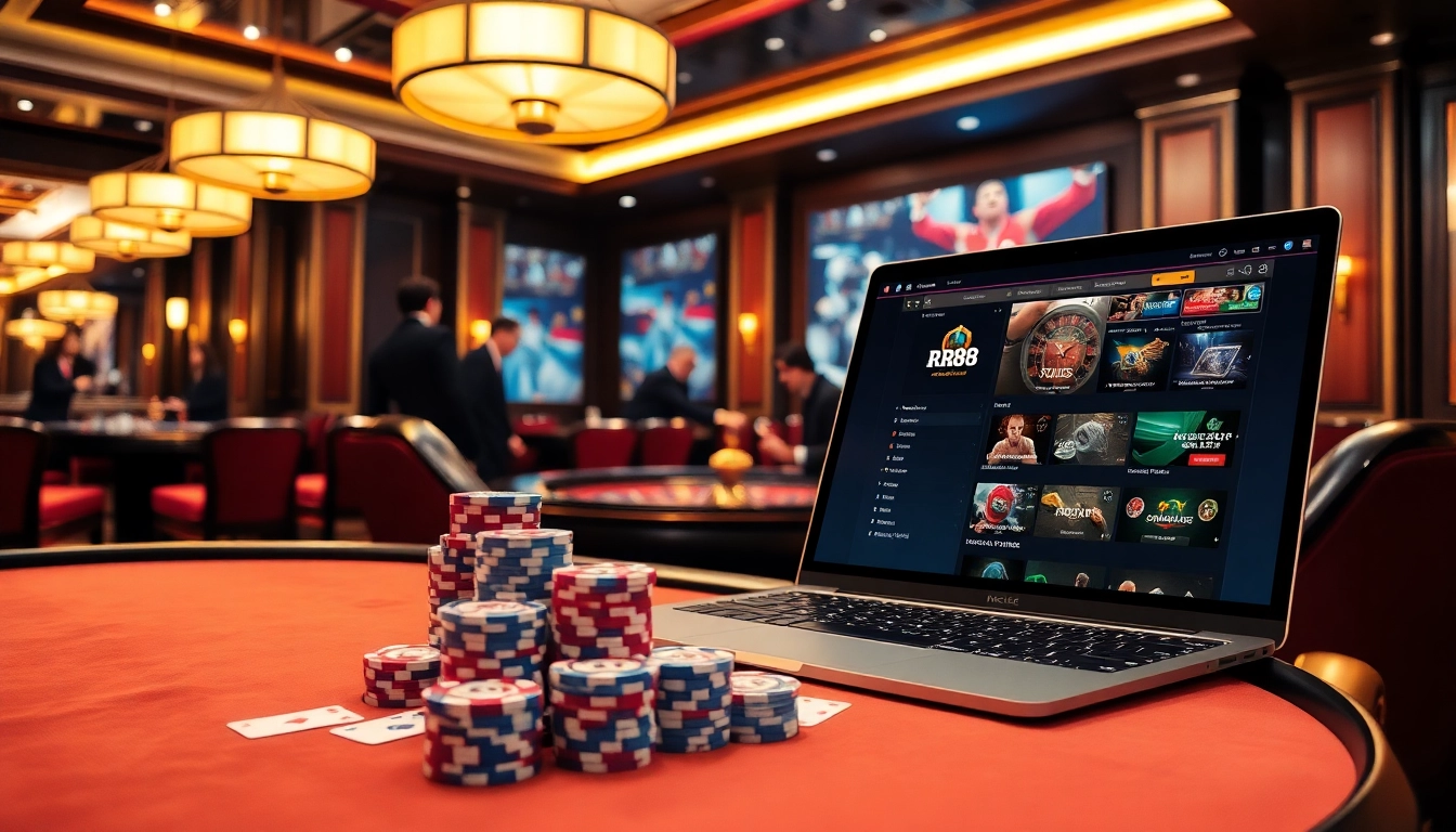 Experience the excitement of RR88 at a luxurious casino table with chips and cards.