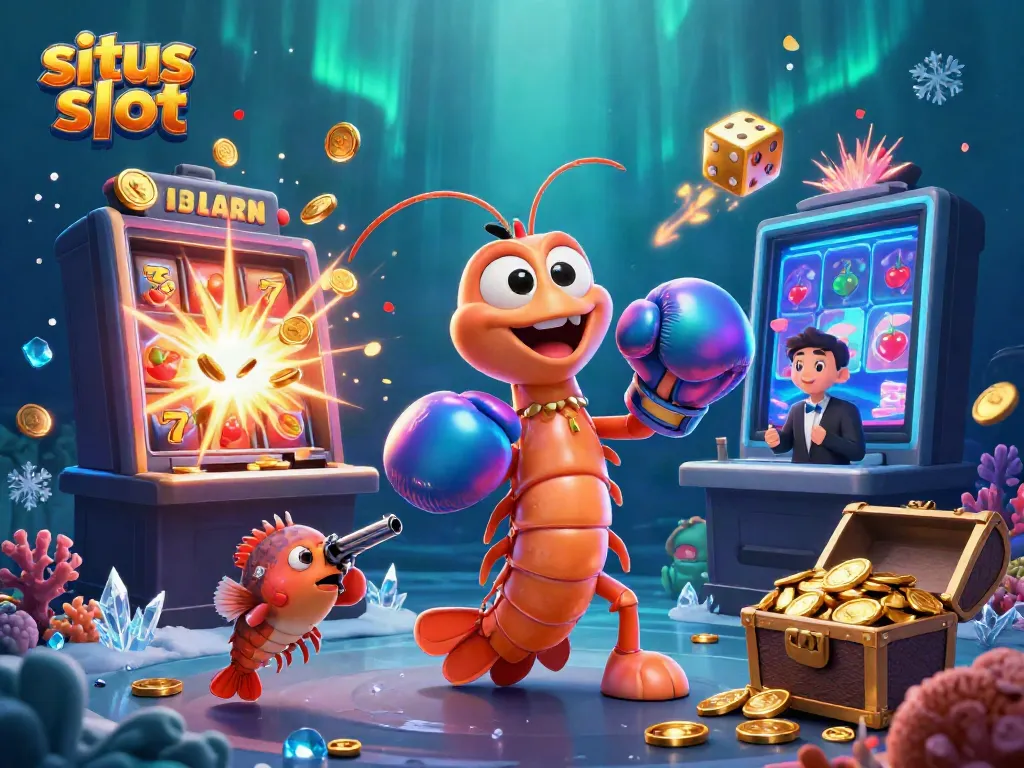 Engage with thrilling situs slot action featuring animated marine friends in a vibrant casino scene.