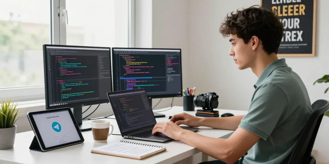 Young software engineer coding computer software with 纸飞机下载 interface visible on tablet in a bright office.