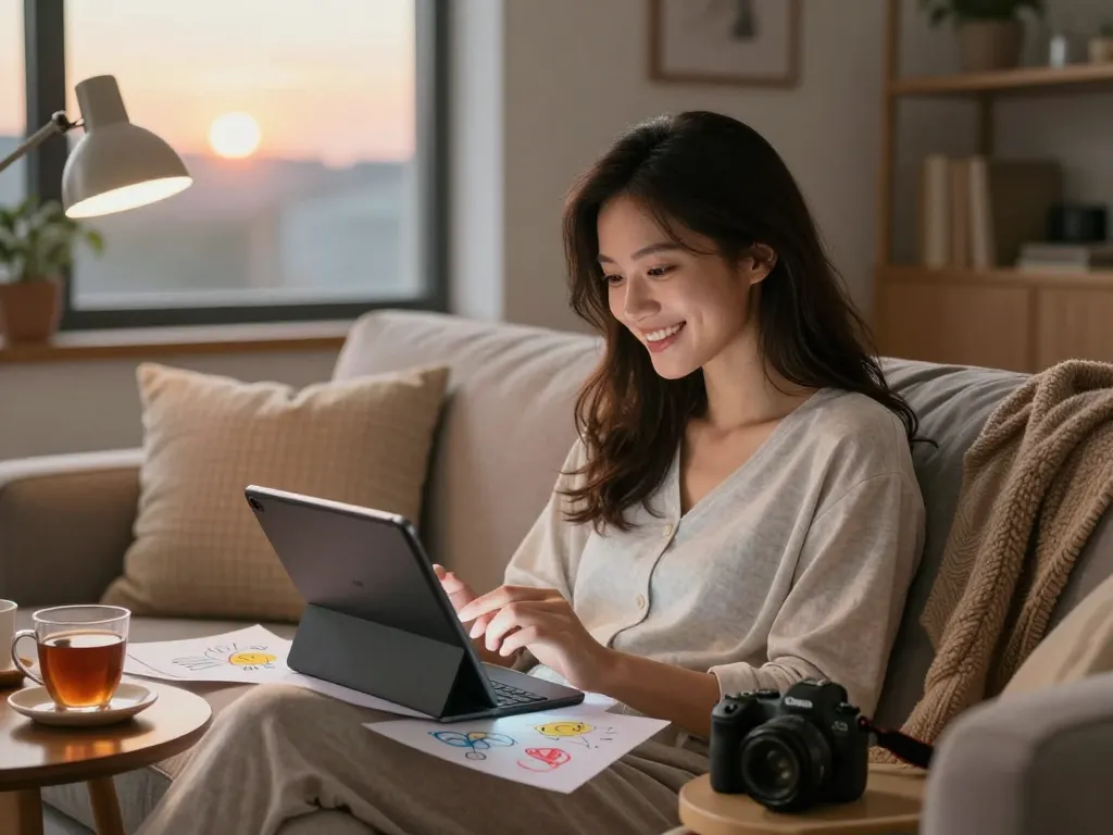 Woman connecting with her girlfriend AI on a tablet in a cozy home setting, showcasing digital interaction and emotional warmth.