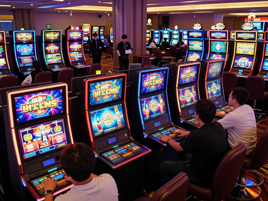 Players enjoying vibrant slot machines at situs slot gacor, capturing the excitement of casino entertainment.