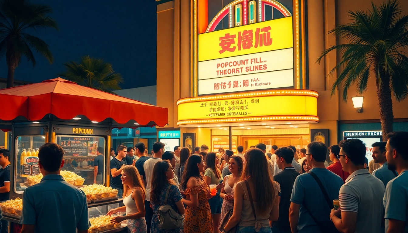 People excitedly gather at a movie theater for ดูหนัง, capturing the joy of a film night out.