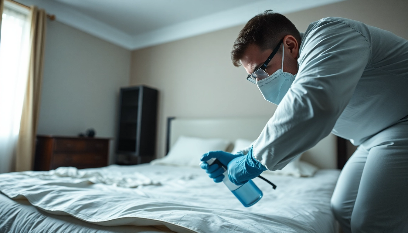 Applying bed bug chemical treatment by a technician in protective gear.