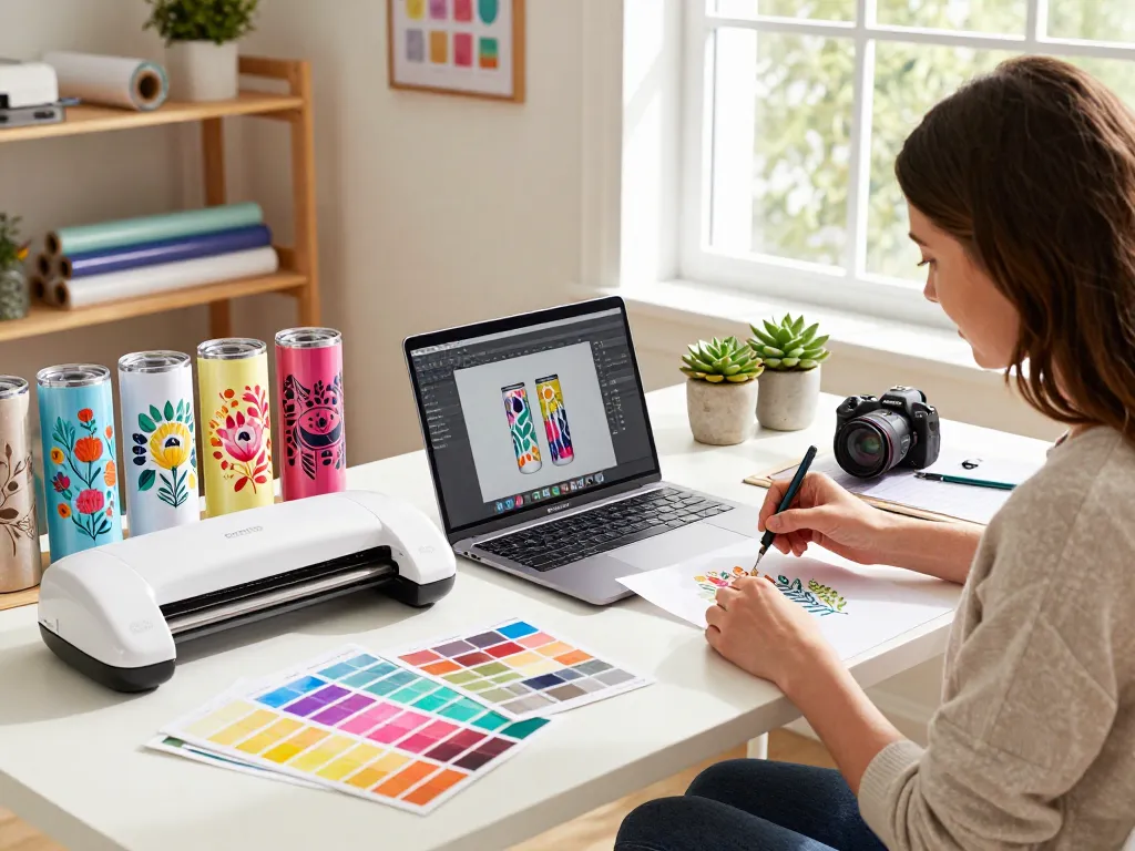 Engaged crafter working on colorful tumbler designs using the cricut svg bundle in a bright workspace.