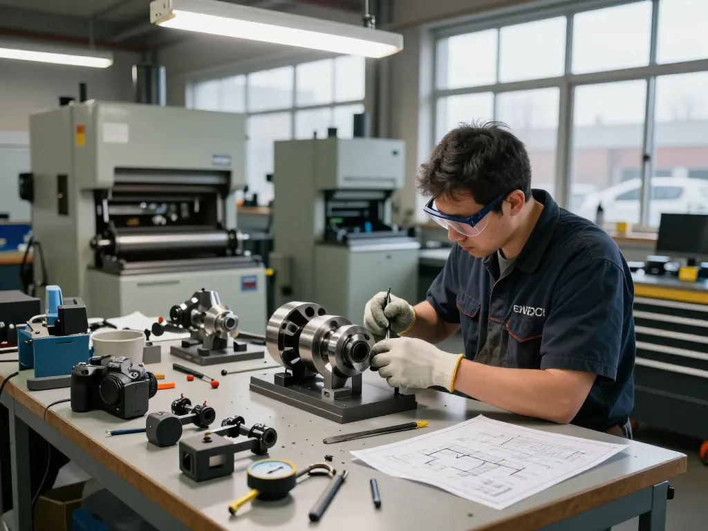 Tehnician examinează componentele arcurilor torsiune într-un atelier industrial, evidențiind ingineria de precizie.