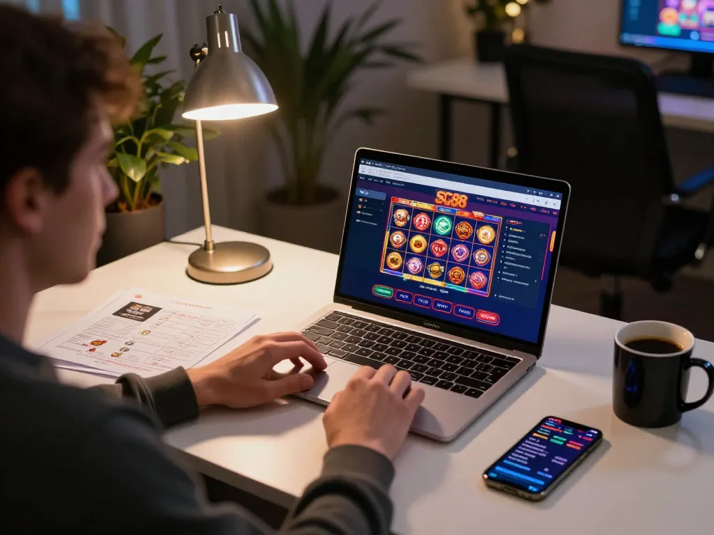 Players engaging with SC88 casino app on a stylish gaming setup, displaying vibrant online slots.