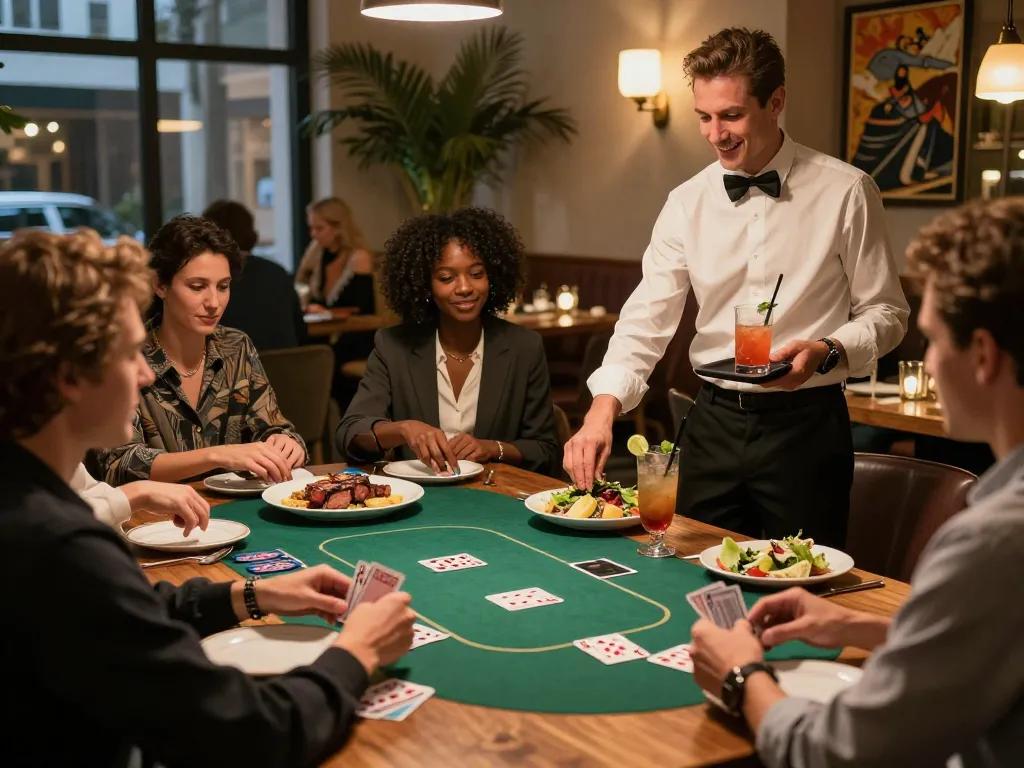 Exciting evening at POKERSERI with friends enjoying a lively poker game and delicious food.