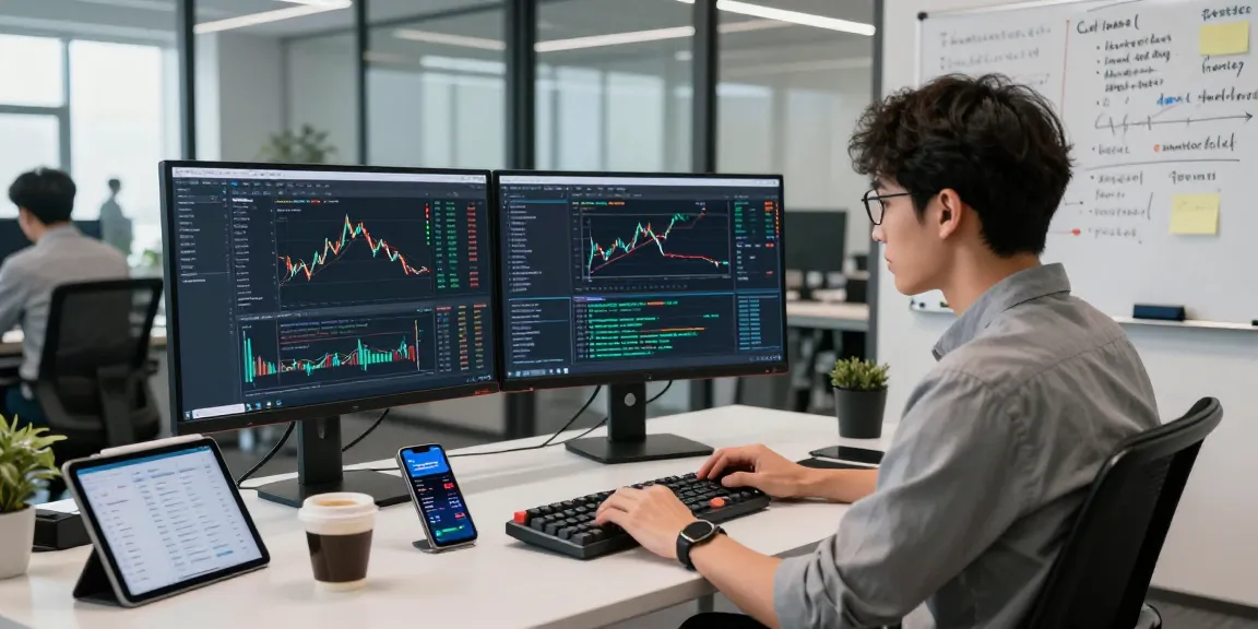 The developer utilizing the Taiwan stock backtesting API in a modern office environment, focusing on financial data analysis.