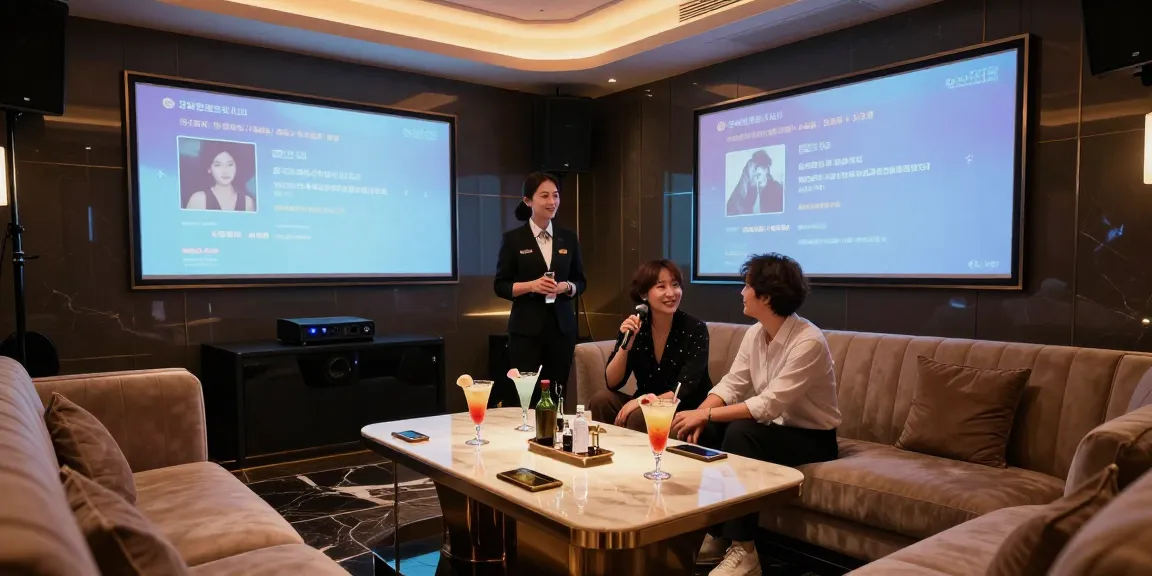 강남쩜오의 고급스럽고 세련된 노래방 내부에서 손님과 대화하는 전문 호스티스의 모습.