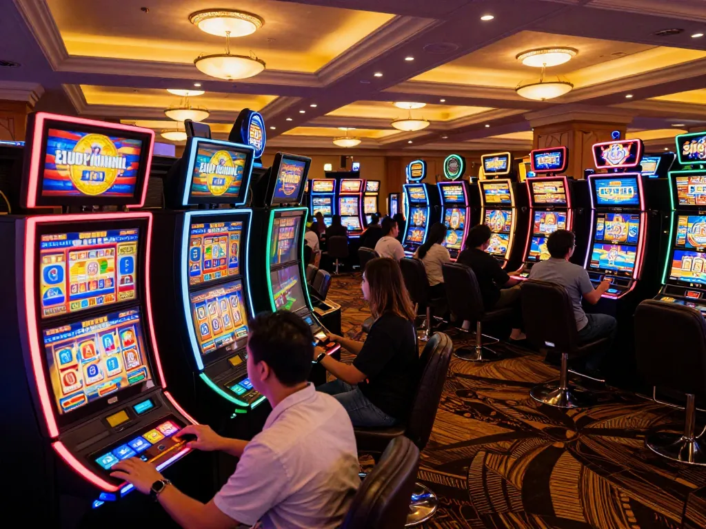 Players experiencing the excitement of slot6000 in a luxury casino atmosphere with vibrant machines.