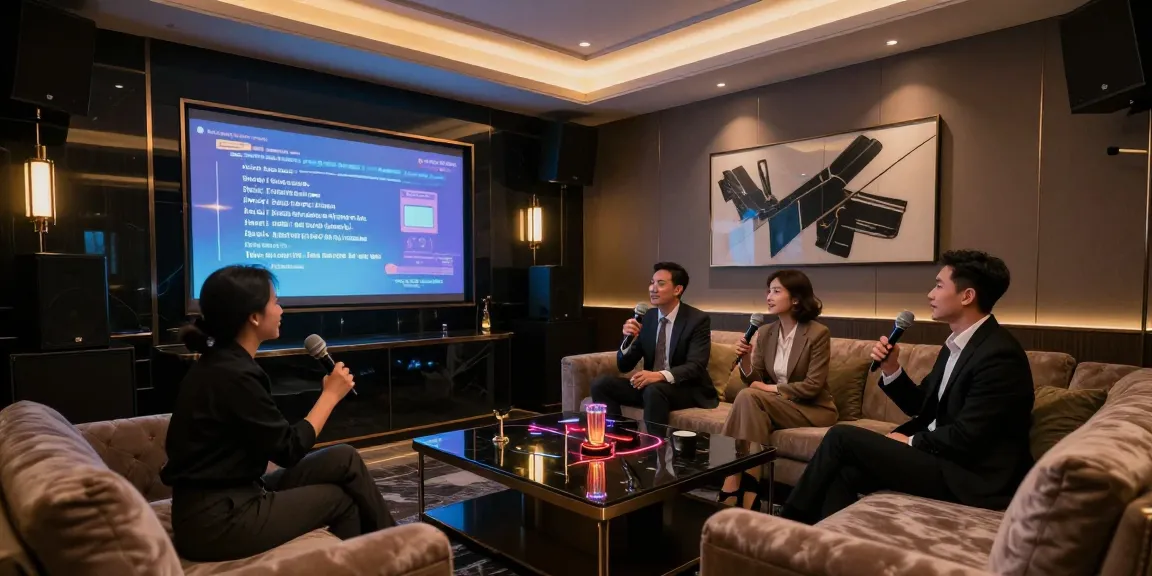 강남쩜오 더마이크룸에서의 프리미엄 가라오케 경험, 고급스러운 인테리어와 함께 비즈니스 미팅을 즐기는 장면.