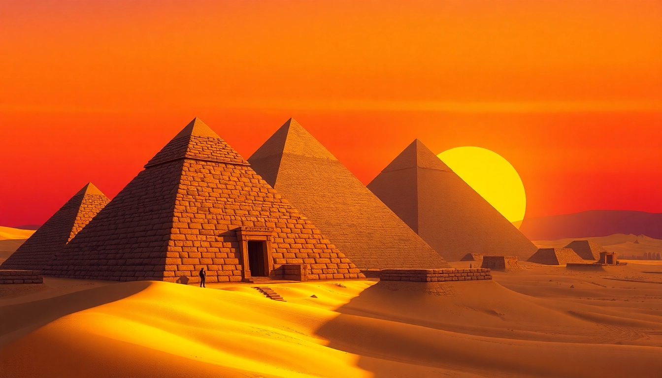 Visitors exploring the majestic piraminds against a breathtaking sunset backdrop.