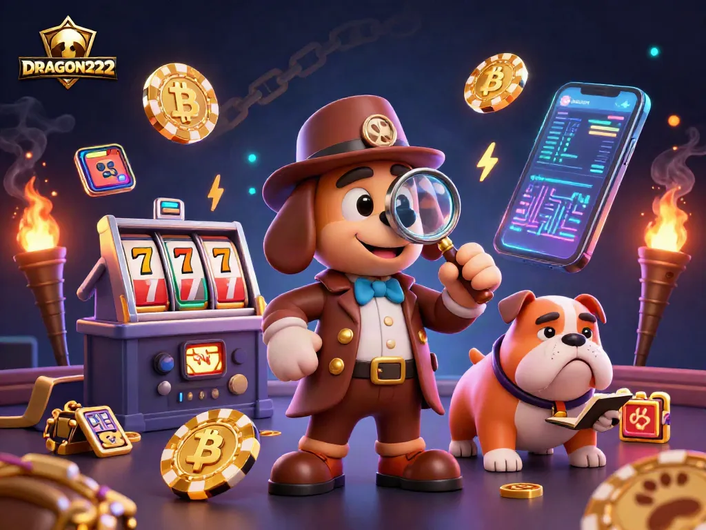 Experience thrilling gameplay with DRAGON222’s dynamic slot scene featuring popular games and cryptocurrency elements.