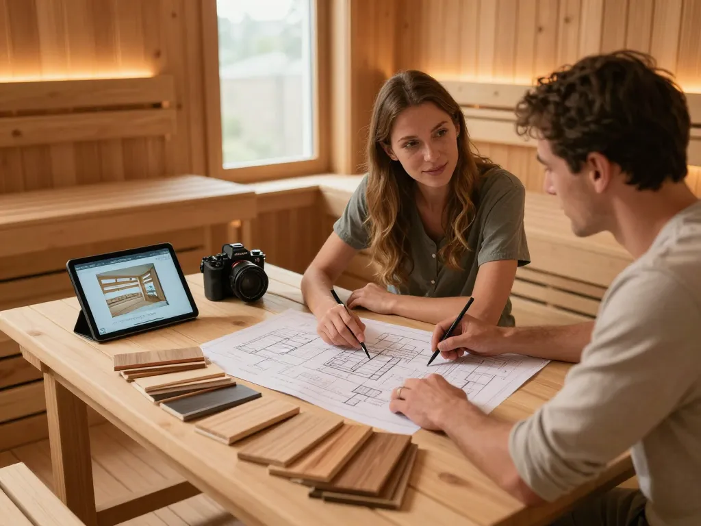 Discover sauna customization ideas with a couple reviewing designs and samples in a cozy setting.