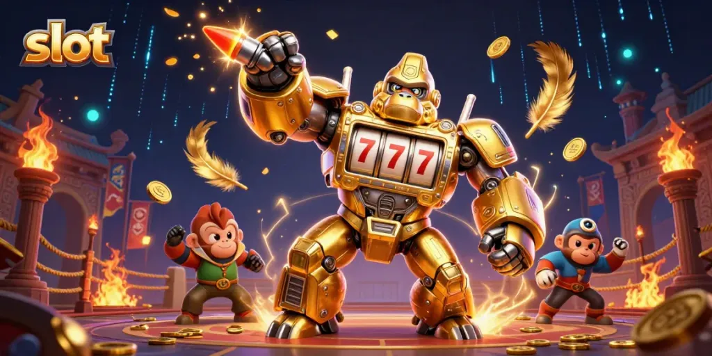 Mainkan slot dengan serunya dalam ilustrasi 3D unik yang menampilkan gorila emas mekanik.