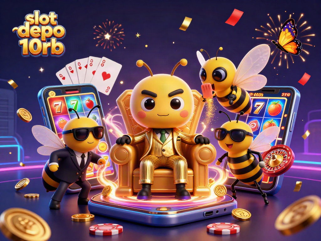 Experience excitement in slot depo 10rb with a vibrant 3D illustration depicting casino characters and slot game elements.