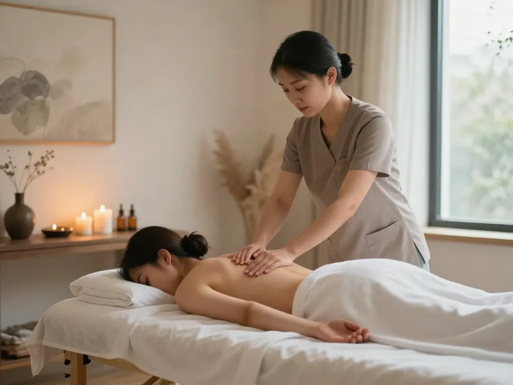 의정부출장마사지 therapy scene with natural light, peaceful atmosphere and expert techniques.