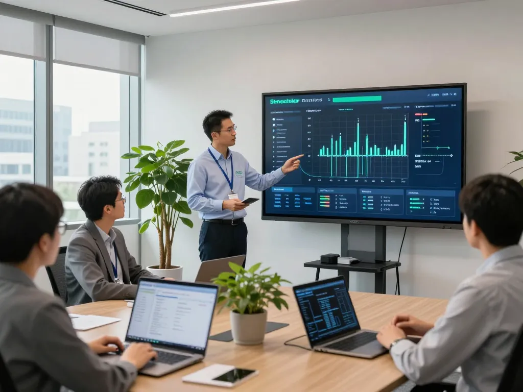 Engineers showcasing Schneider Electric's smart grid technology in a modern office.