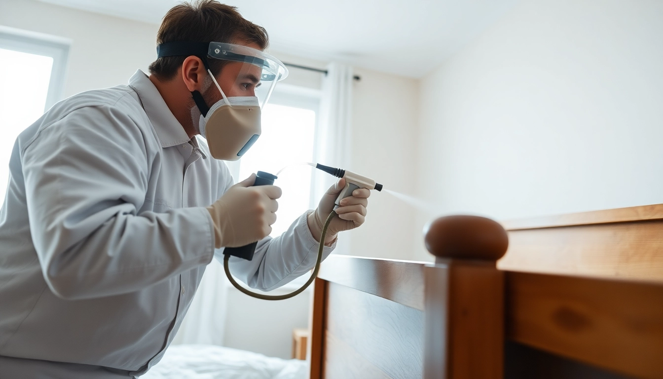 Applying bed bug chemical treatment by a professional pest control technician in a bedroom.