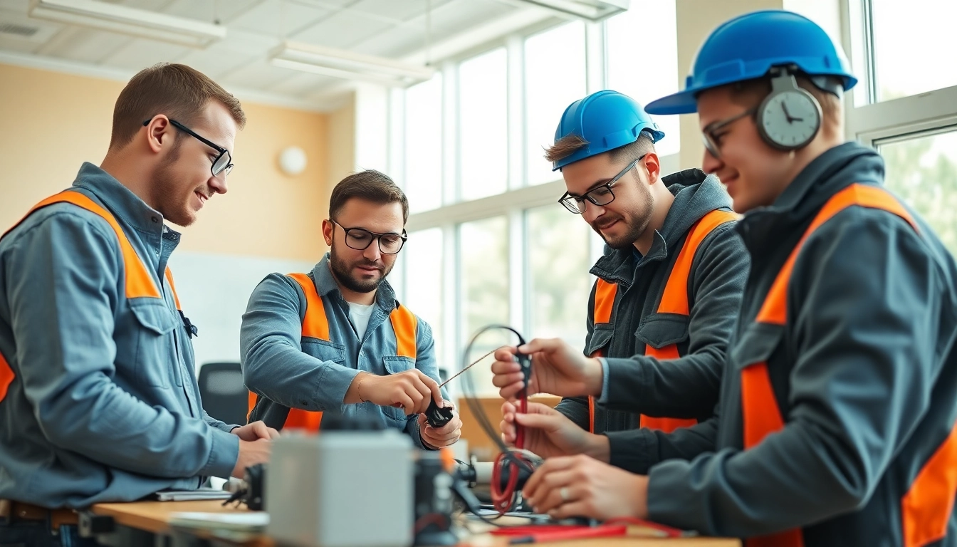 Engaged apprentices in electrician apprenticeship hawaii collaborating on a wiring project.